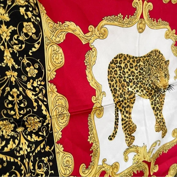 Vintage Made in Italy Leopard Print Scarf | Red Black Gold Baroque Square - Picture 5 of 7